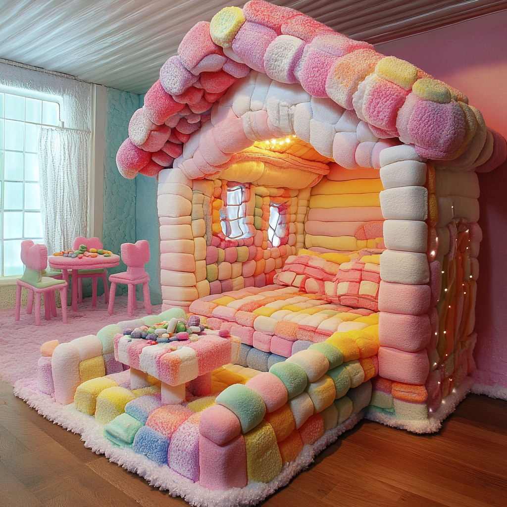 Sweet and colorful marshmallow house with candy decorations.