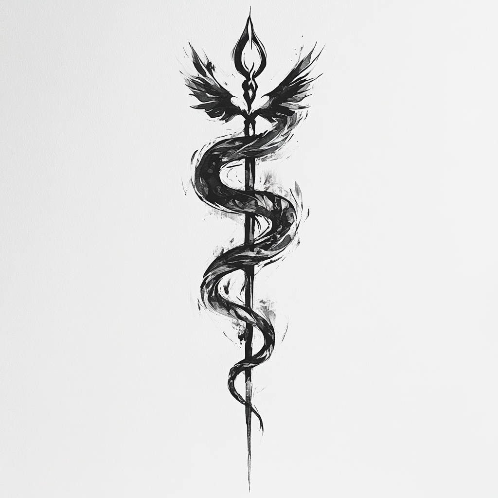 Symbolic Black Ink Painting: Caduceus of Balance