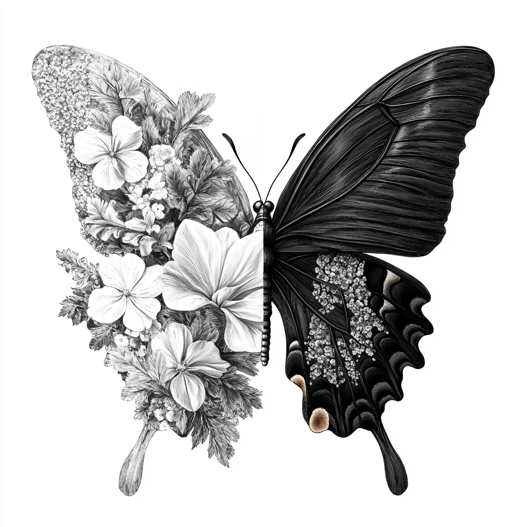 Symmetrical Black-and-White Butterfly Wing with Floral Transformation