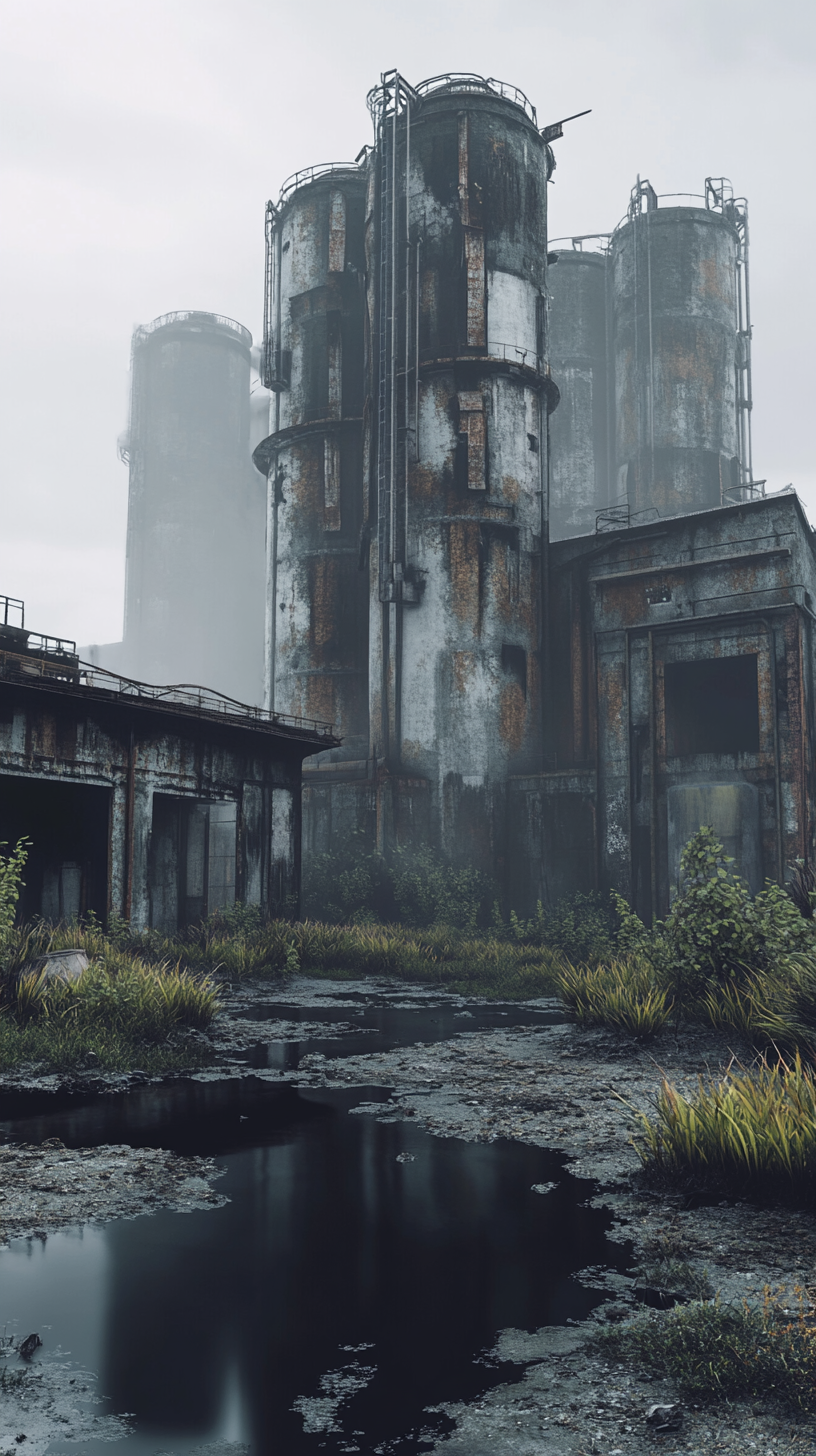 Symmetrical industrial complex in dystopian setting with overgrown vegetation.