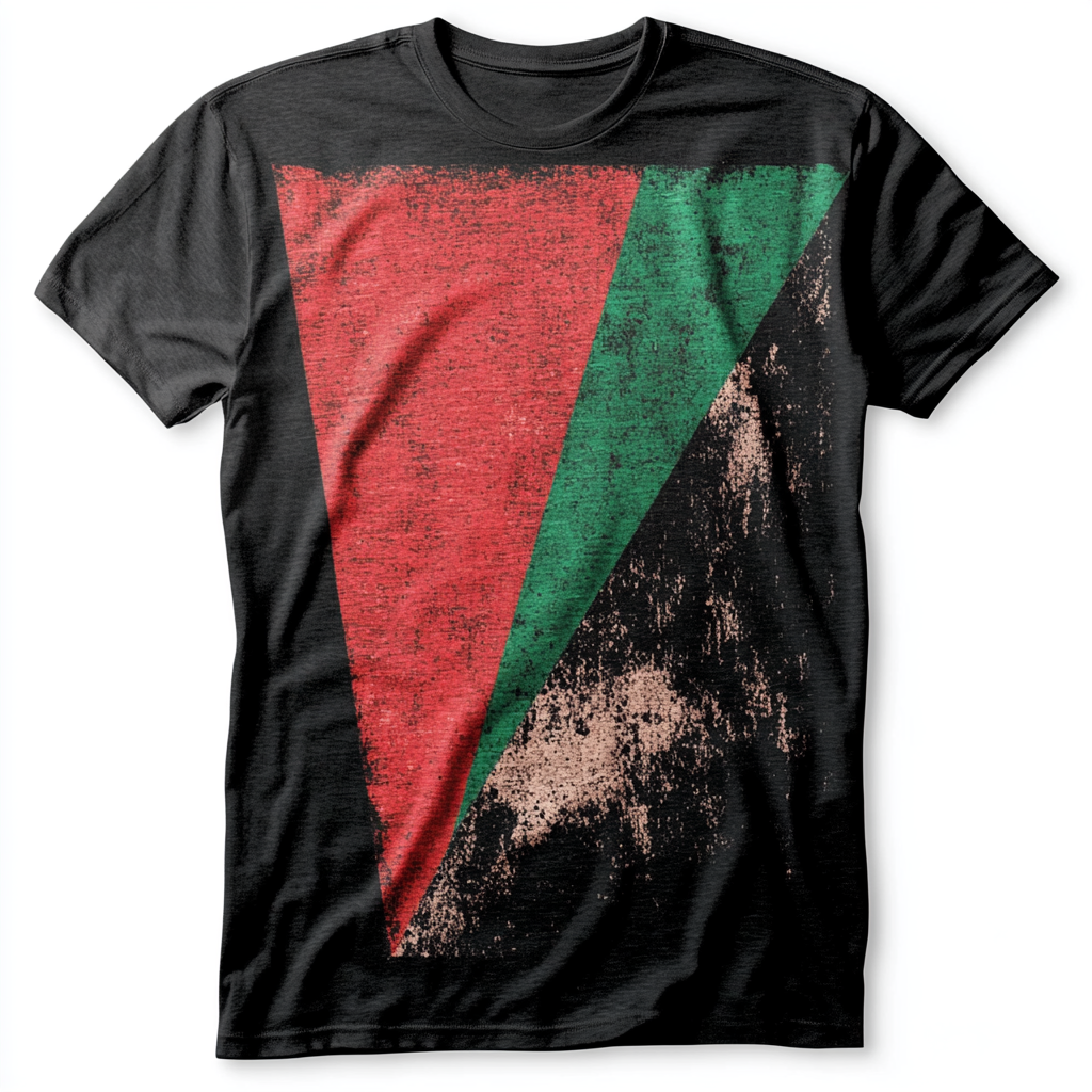 T-shirt design with large red triangle, green and black.