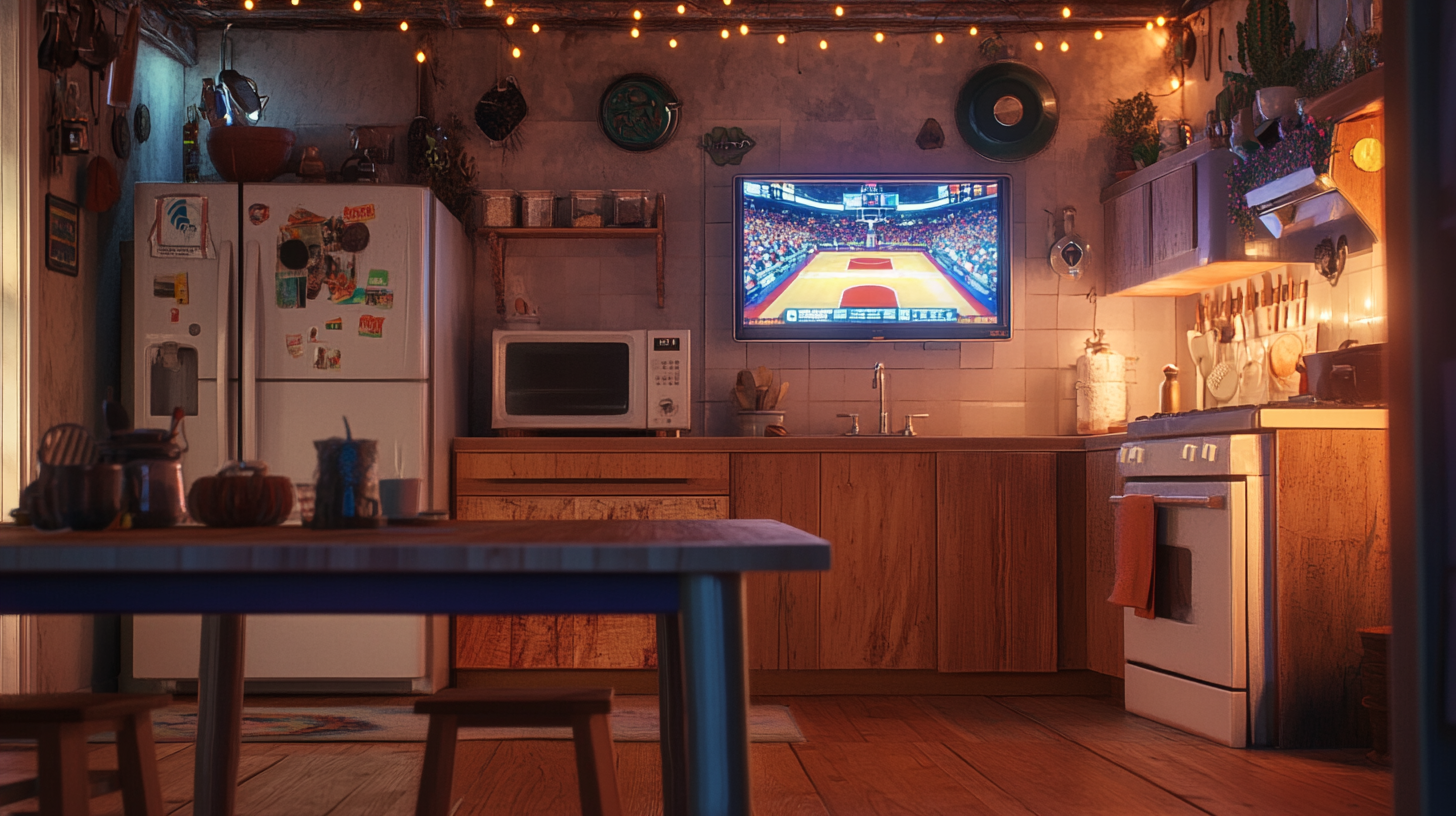 TV with basketball game on table in foreground.