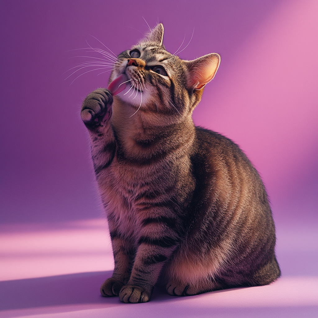 Tabby Cat Elegantly Cleaning Paw on Purple Background