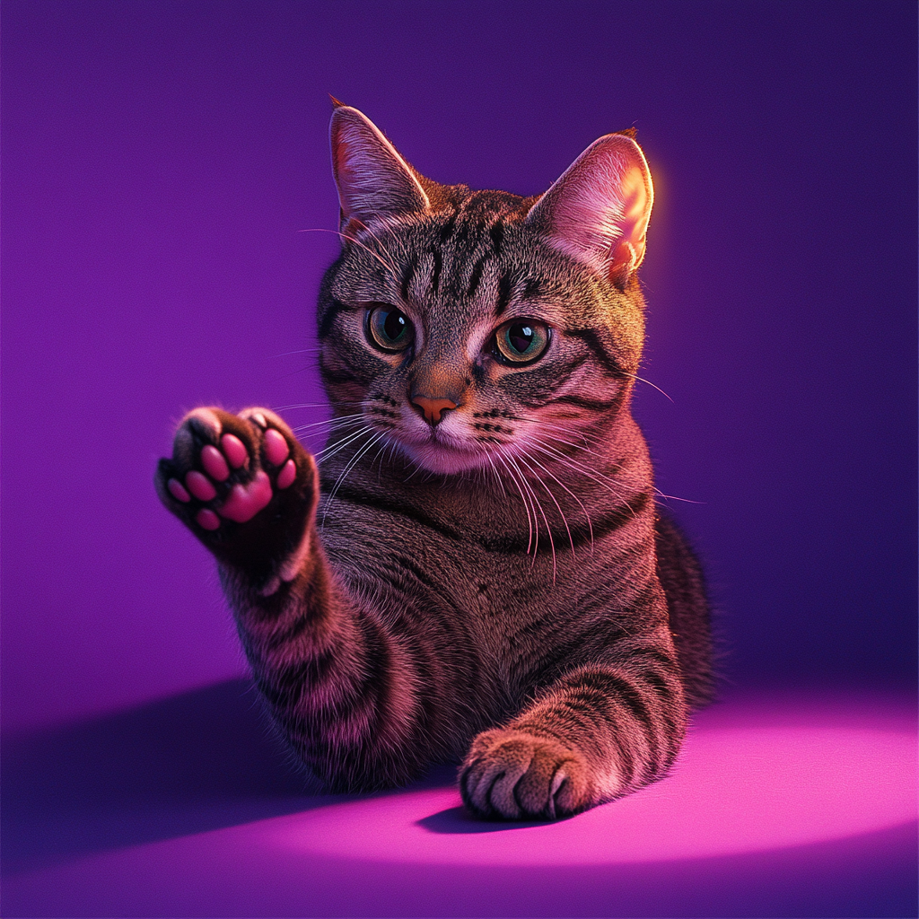 Tabby Cat Reaching for Object on Purple Background