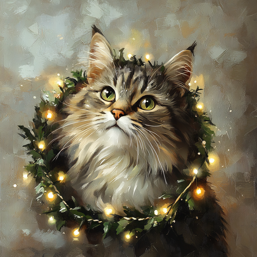 Tabby Cat in anime style painting with Christmas decorations