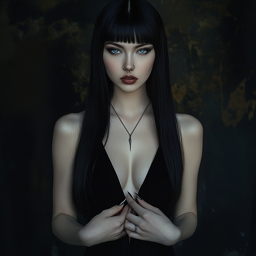 Tall, pale woman with silver eyes and sIlver nose ring, in long black dress and stiletto nails.