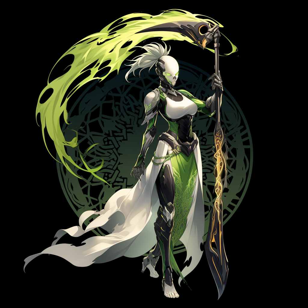 Tall, slim hellborn with green flame skull holds scythe, Unreal Engine 5.