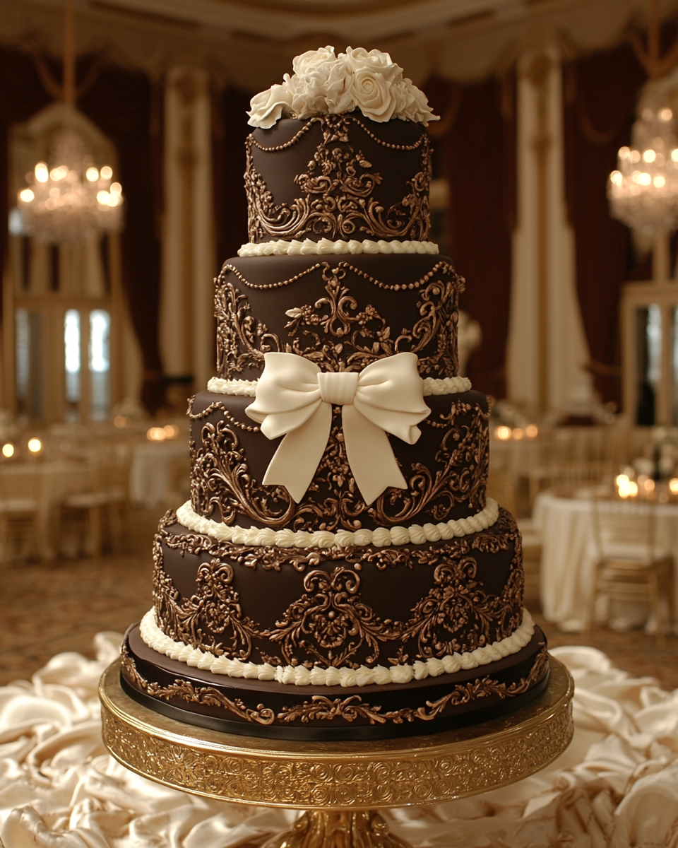 Tall Chocolate Victorian Wedding Cake in Ballroom