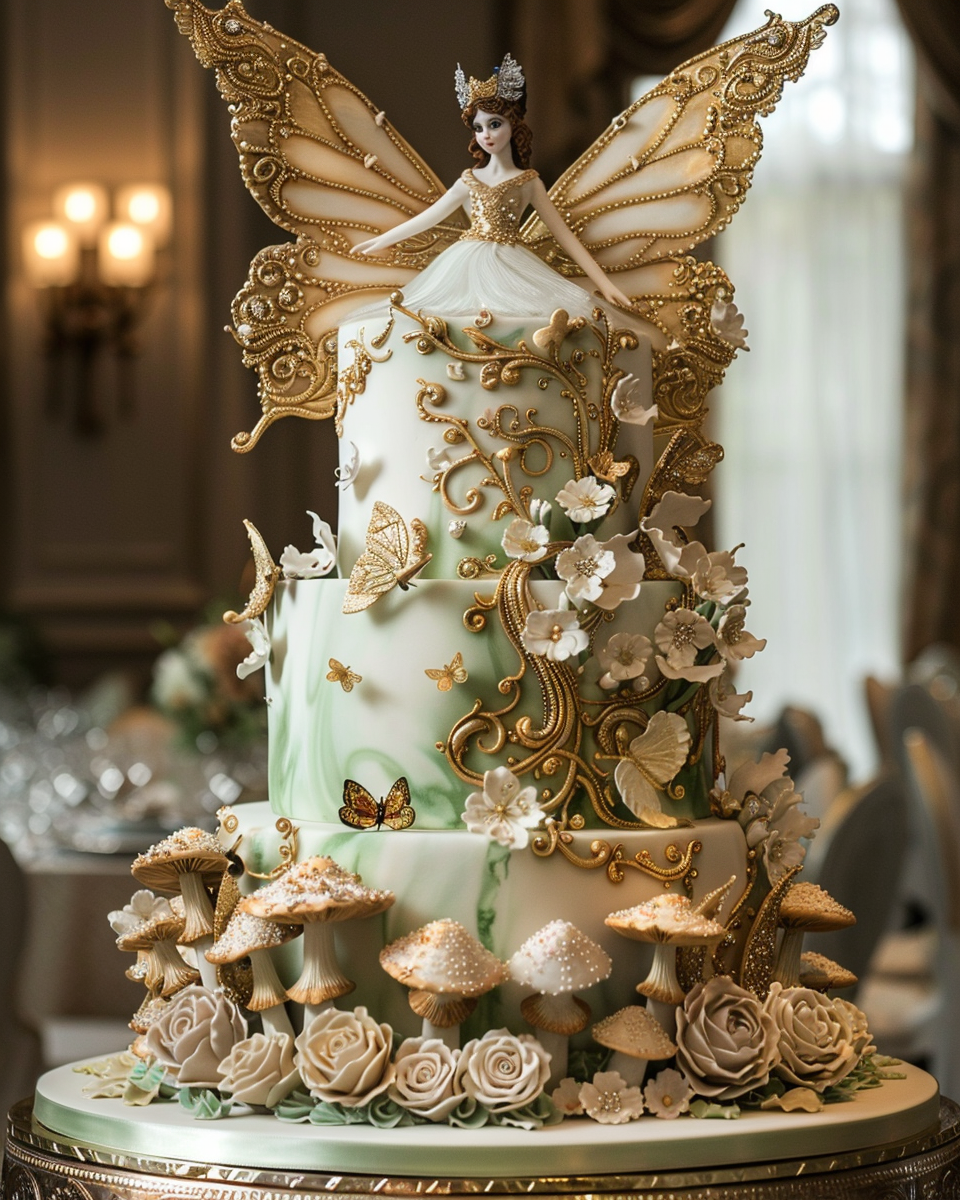 Tall Fantasy Wedding Cake with Fairy and Butterflies