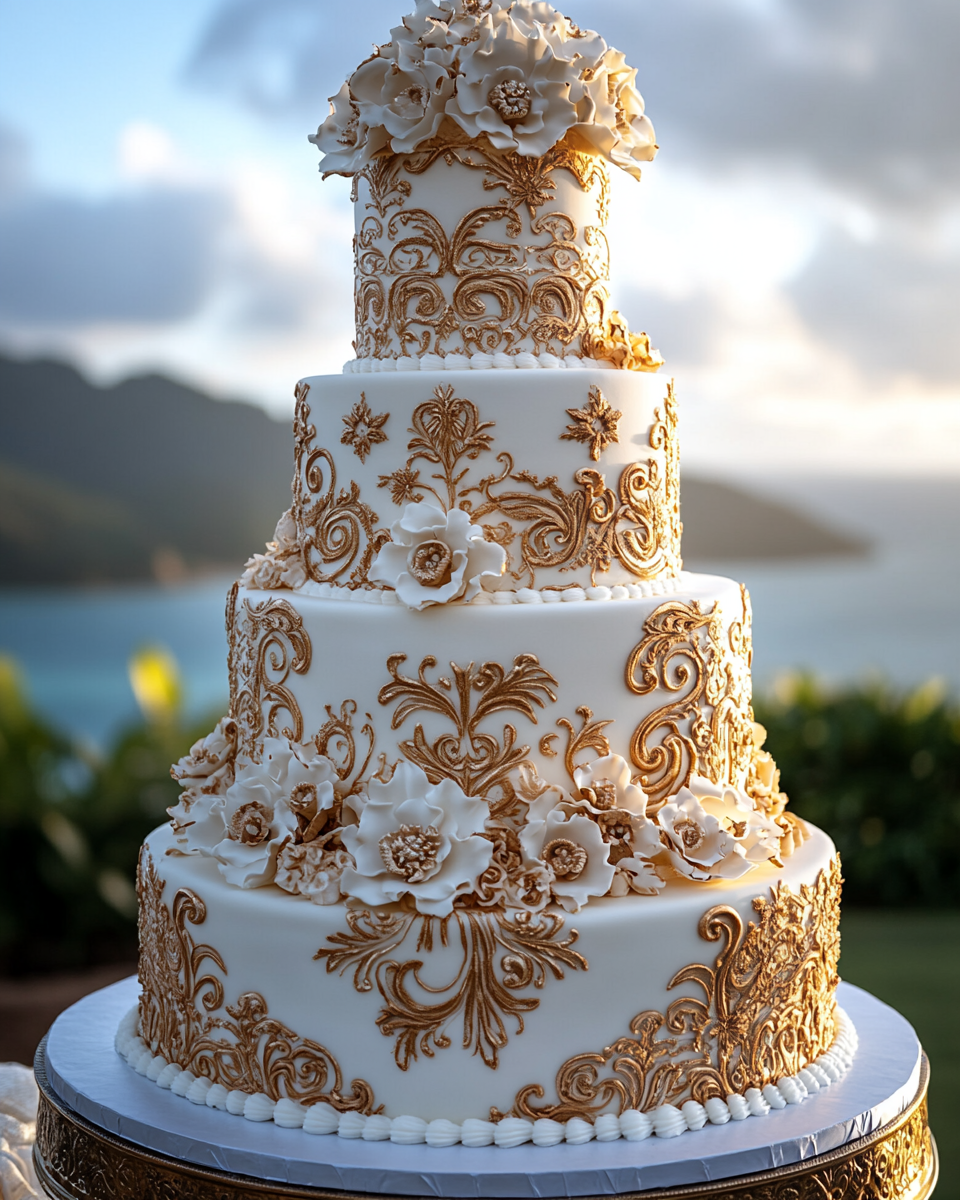 Tall Polynesian-themed Wedding Cake in Hawaii