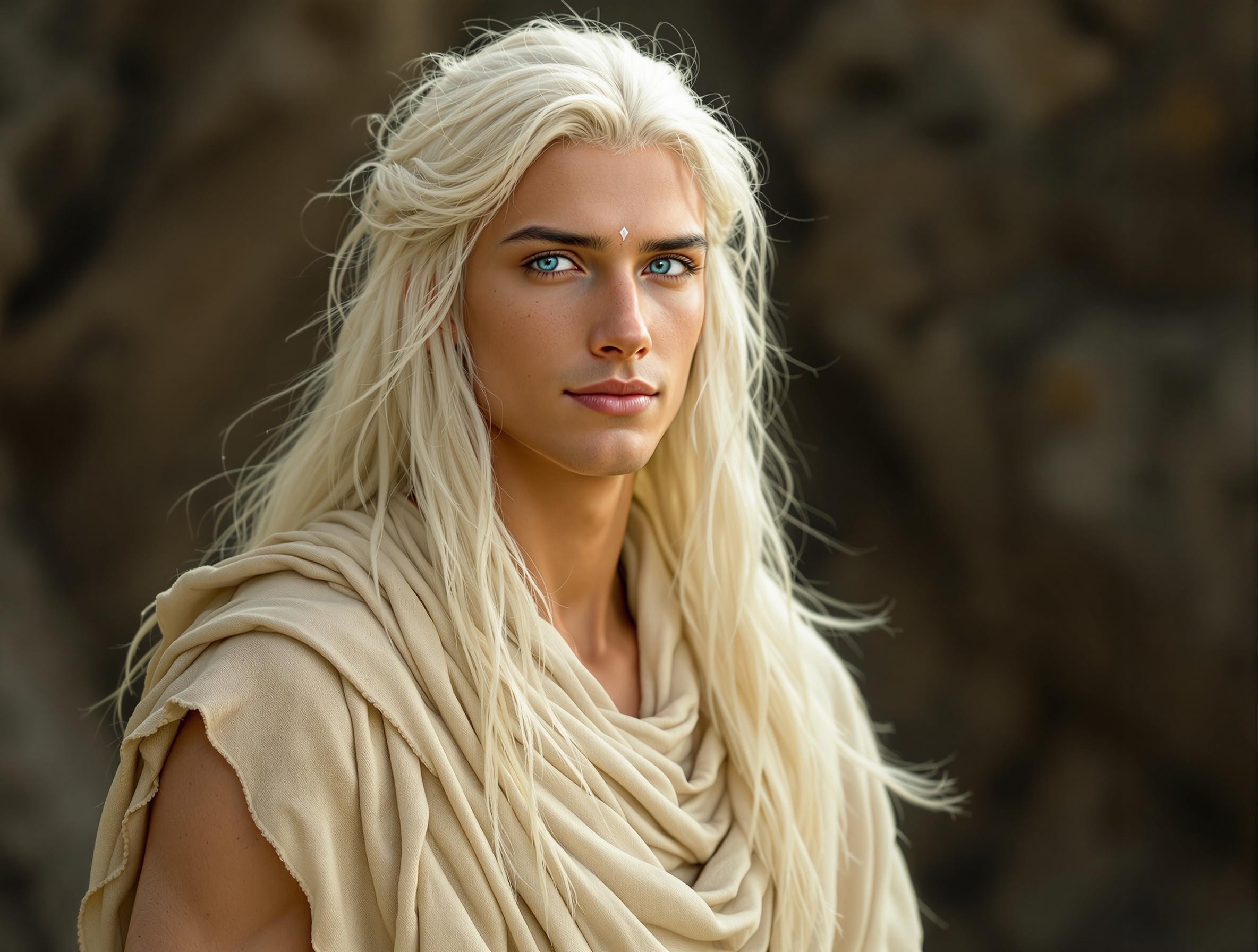 Tall Young Man with Platinum Hair in Tribal Tunics