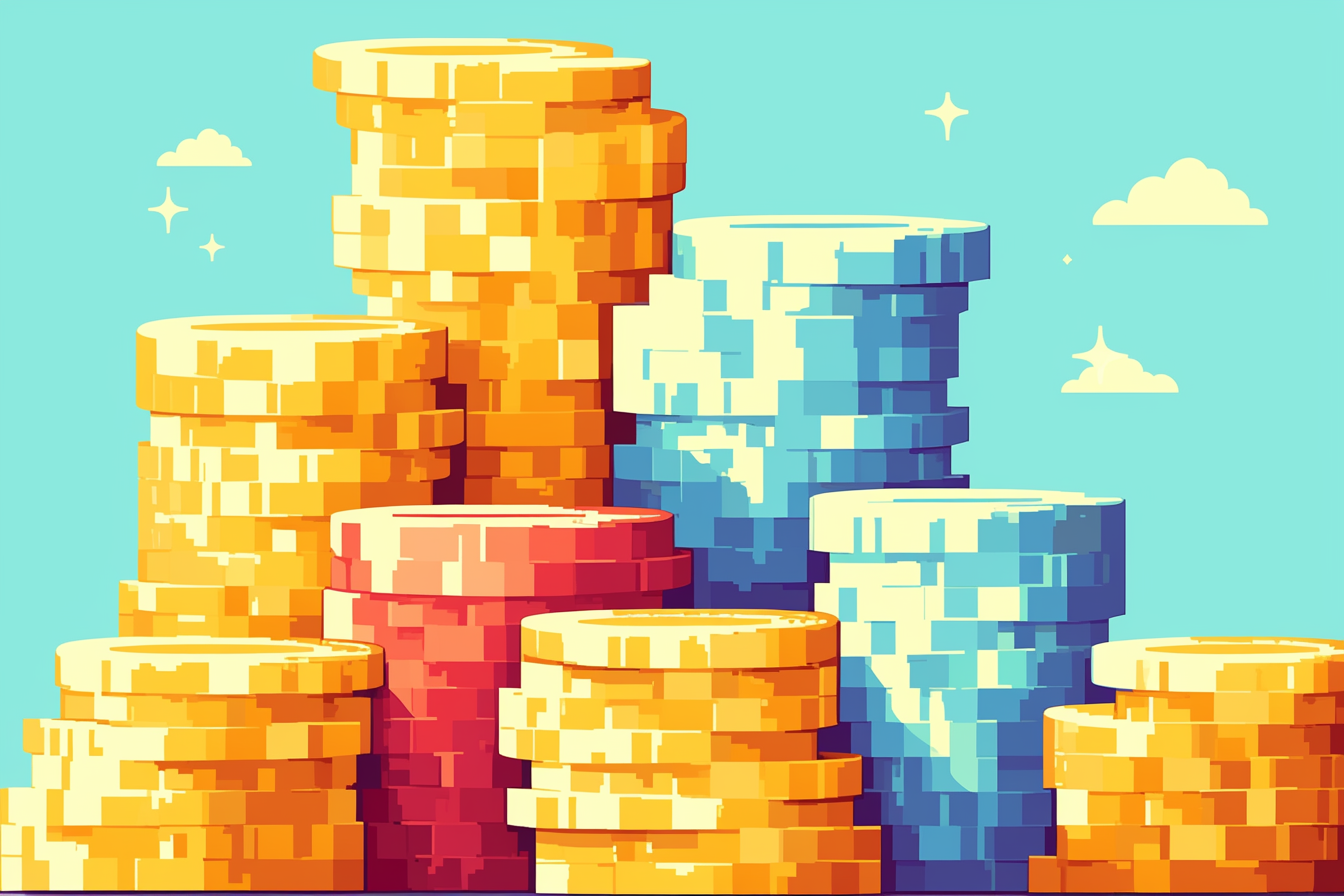 Tall stacks of colorful poker chips in pixel art