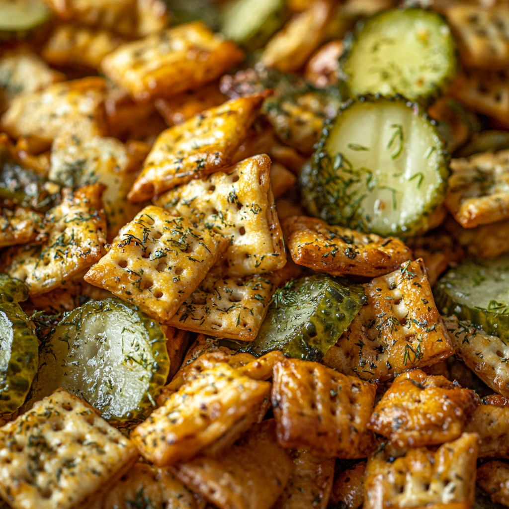 Tangy Dill Pickle Chex Mix Snack Closeup