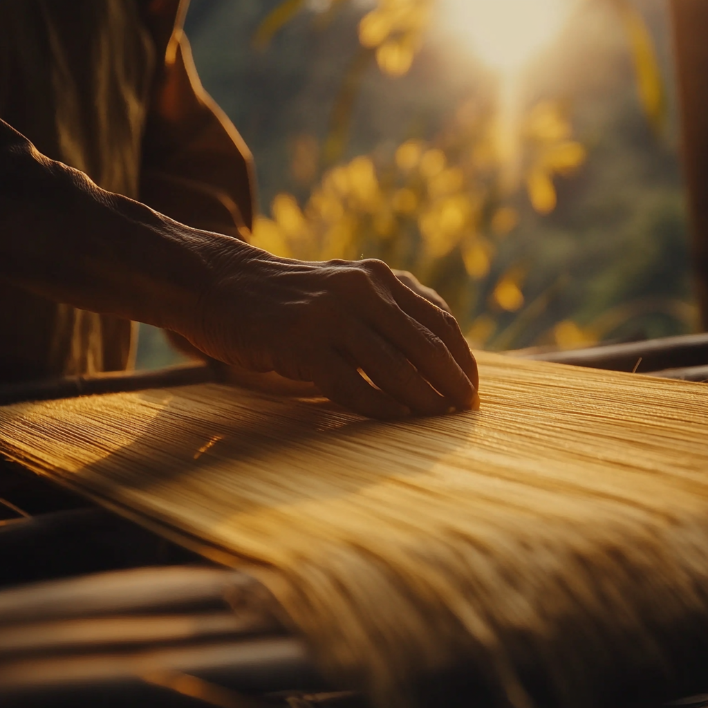 Taroko people weaving cloth, sunlight through bamboo house gaps.