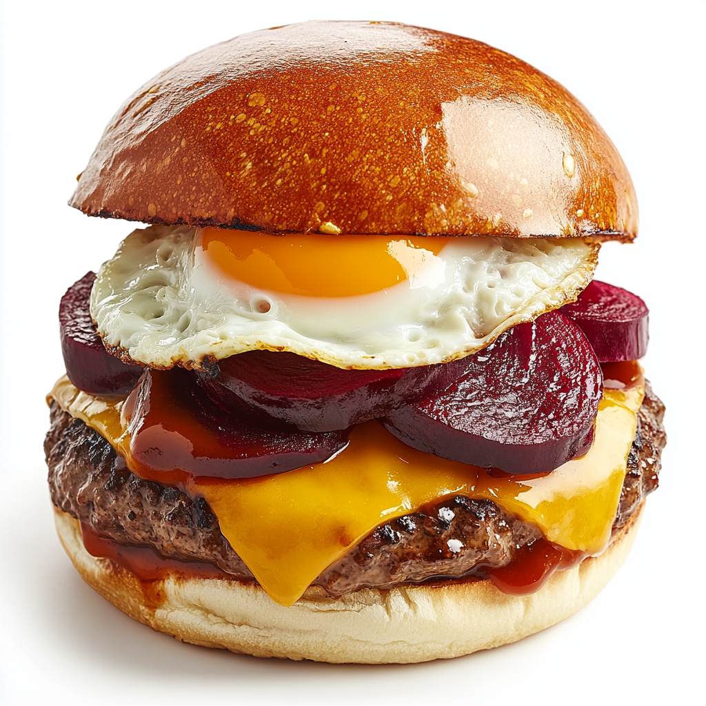 Tasty burger with beef patty, egg, cheese & BBQ