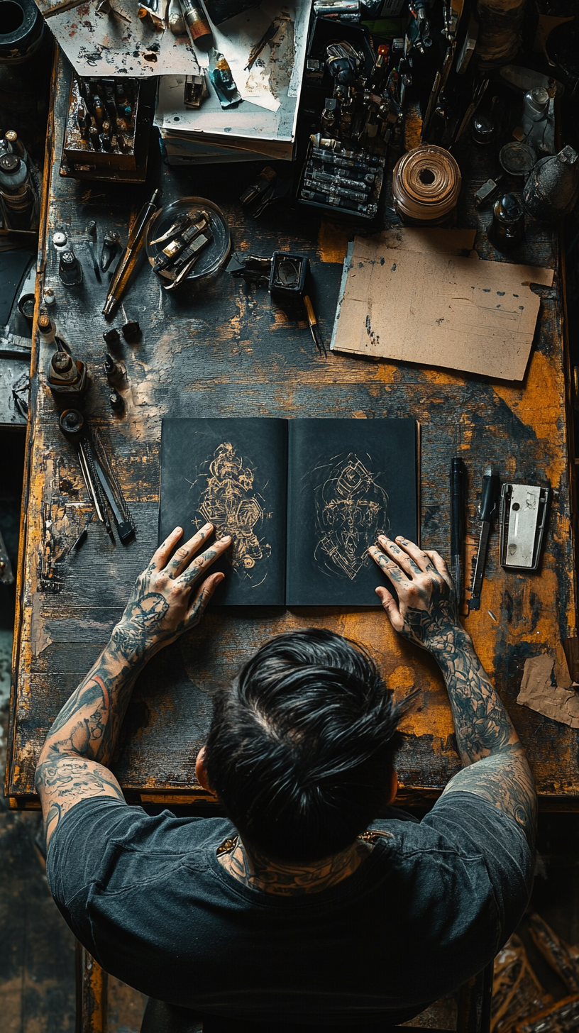 Tattoo artist sketching in book with sleeve tattoos