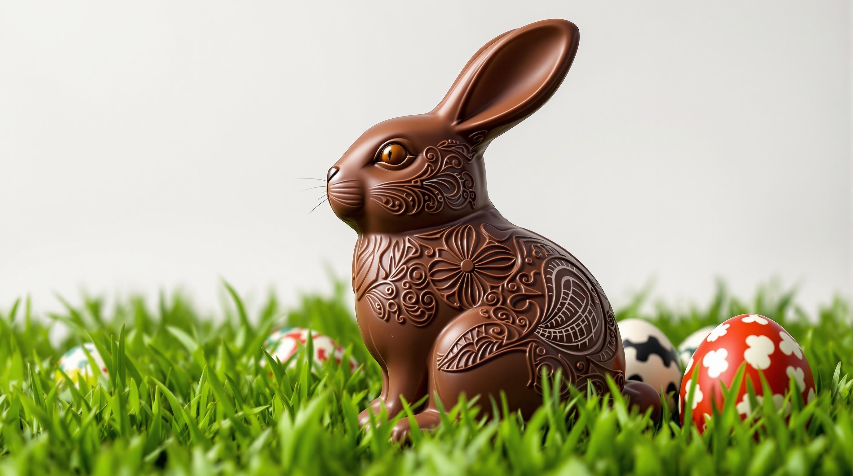 Tattooed Chocolate Easter Bunny Among Colorful Eggs