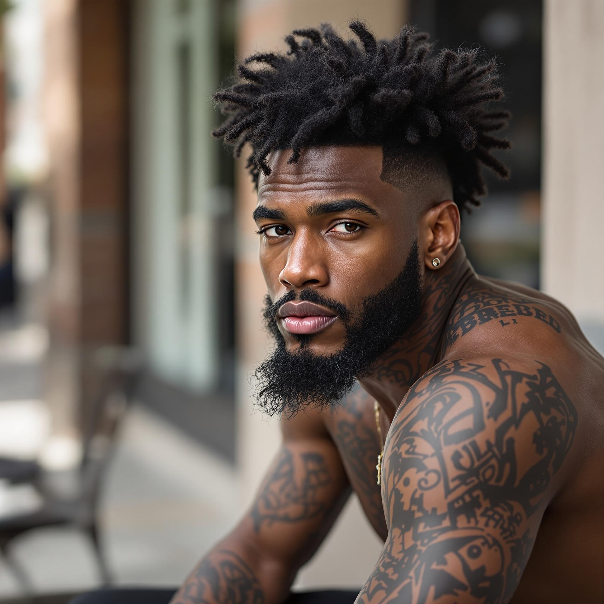 Tattooed Man with Afro Sitting Outside