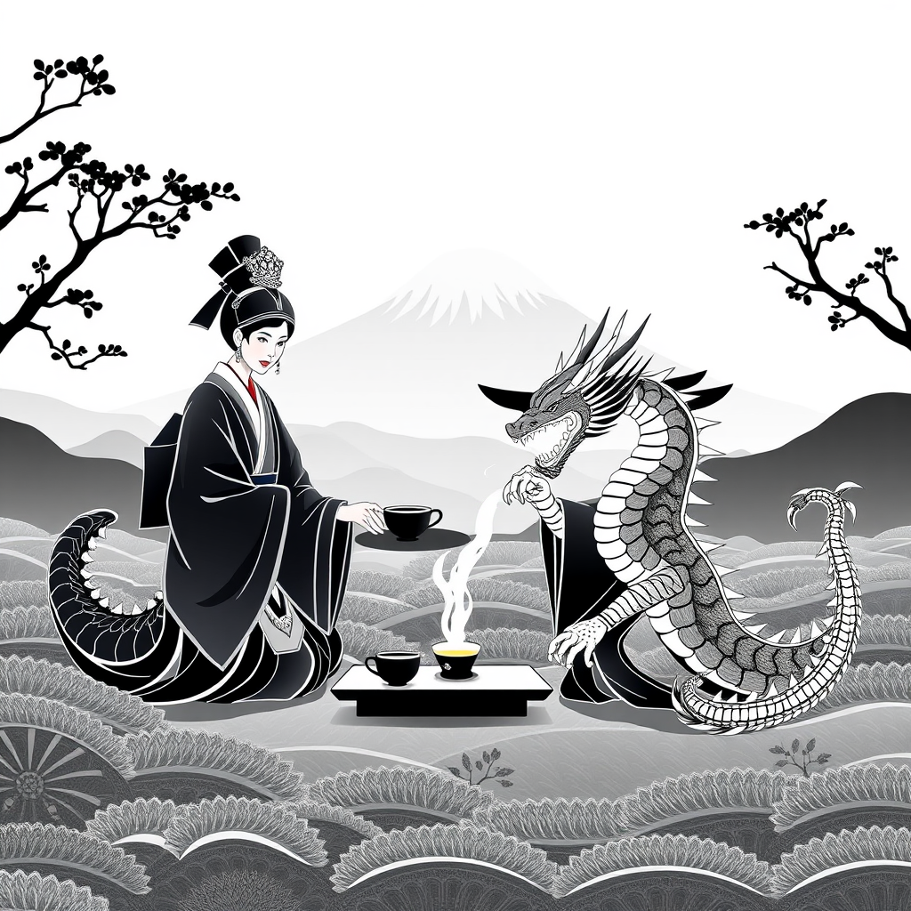 Tea Ceremony with Dragon and Shogun Amidst Geometry