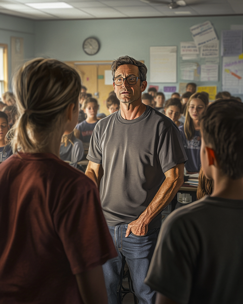 Teacher talking to student in classroom setting