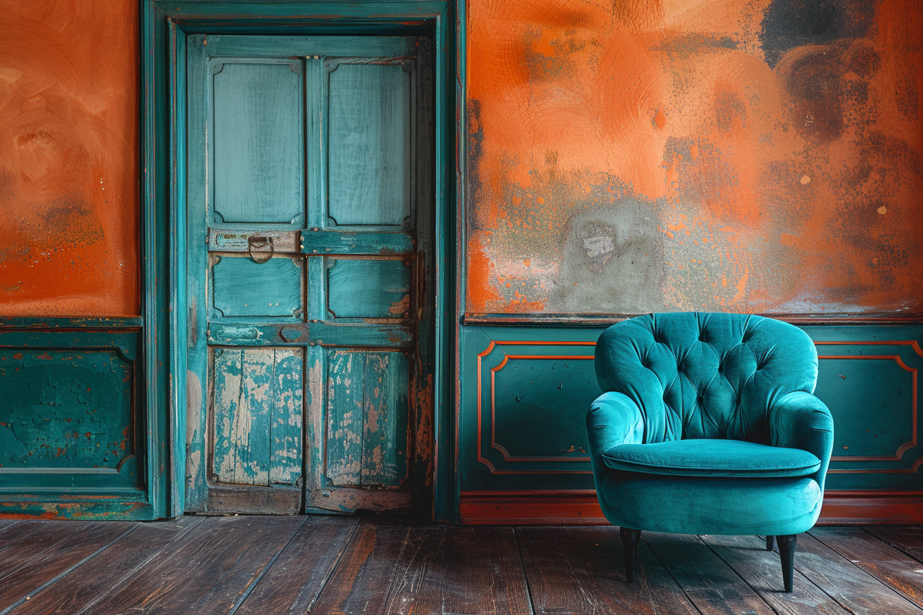 Teal chair on black floors with salmon walls