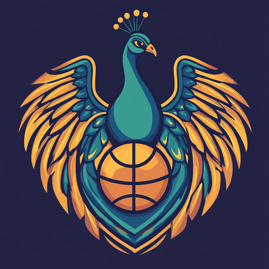 Team logo with proud peacock and basketball emblem