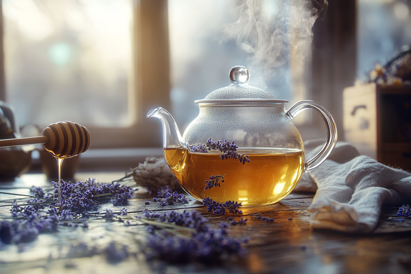 Teapot with Lavender Tea and Honey on Table