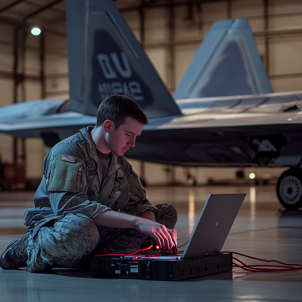 Technician tests F-22 with laptop at Air Force Base.