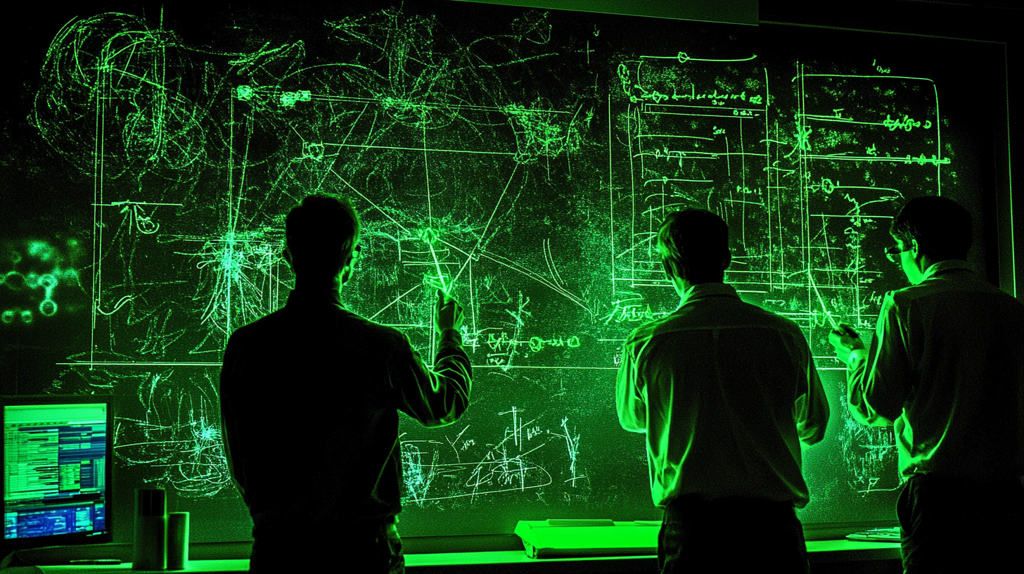 Technologists solving problems with glowing green equations