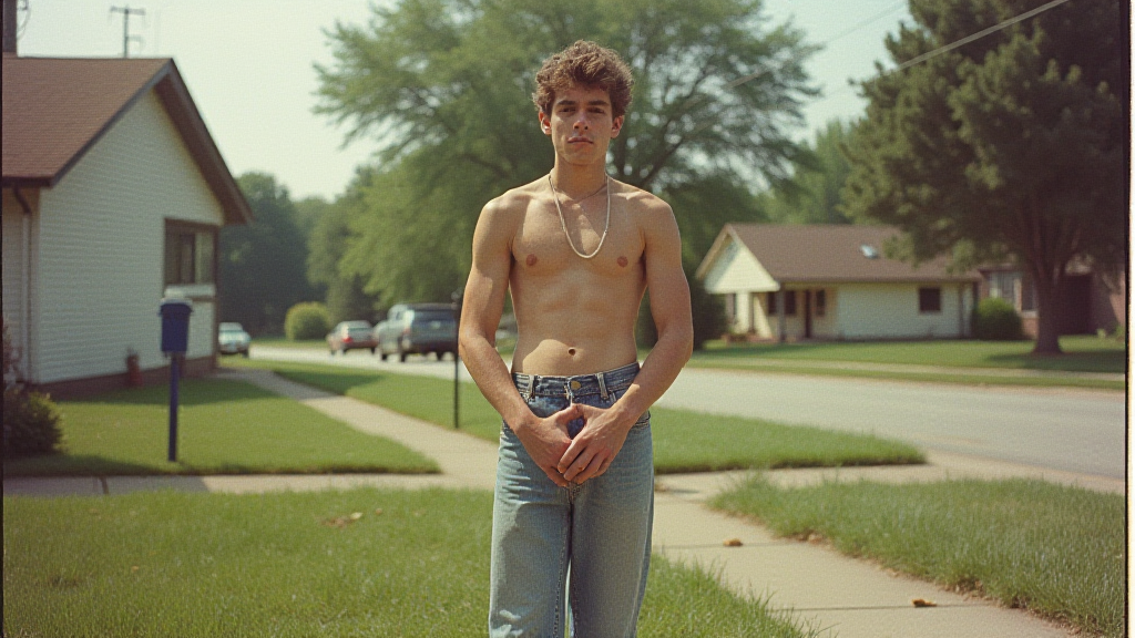 Teen Doing Yard Work in 80s Suburb