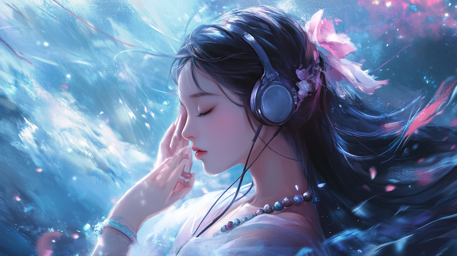 Teen Korean girl immersed in music, serene background