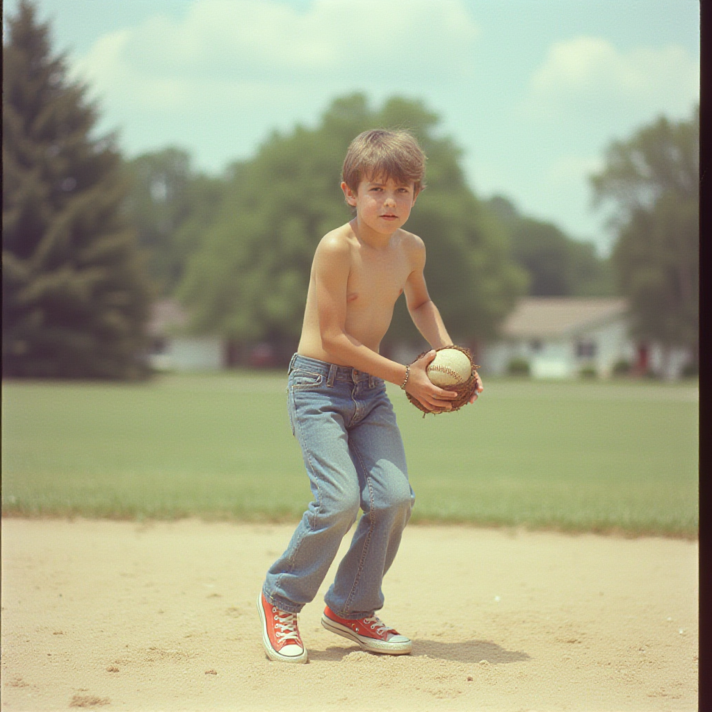 Teen Playing Baseball in 1980s Suburb Summer