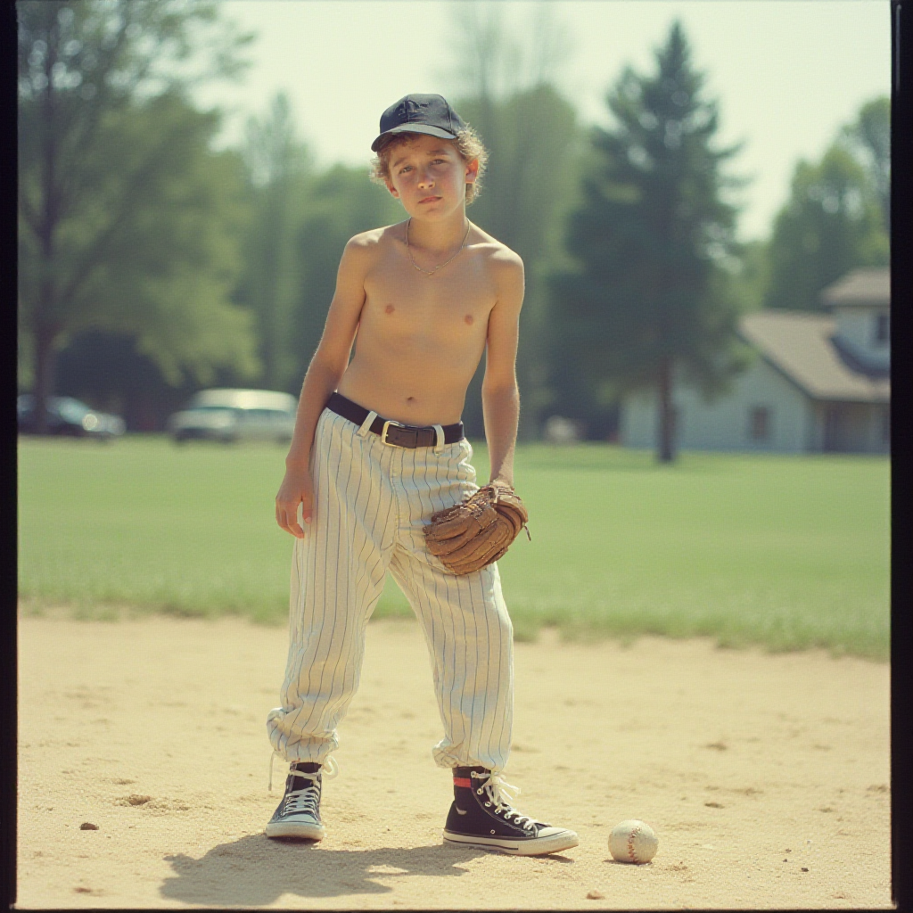 Teen Playing Baseball in 1980s Suburb Summer