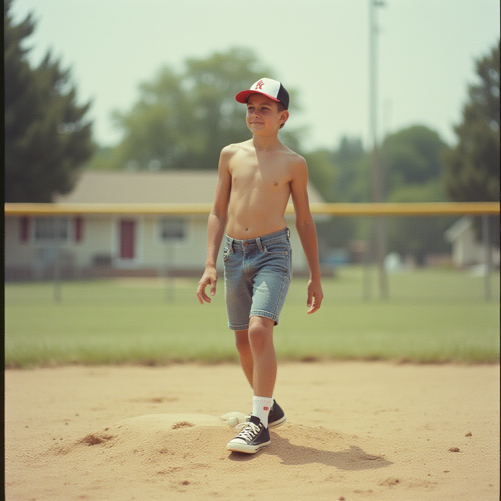 Teen Playing Baseball in 1980s Suburb Summer
