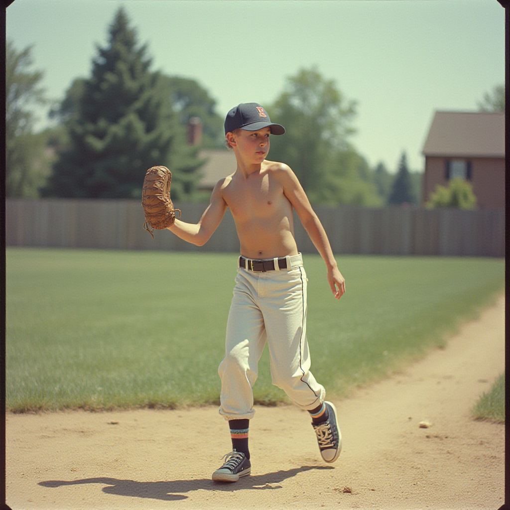 Teen Playing Baseball in 1980s Suburb
