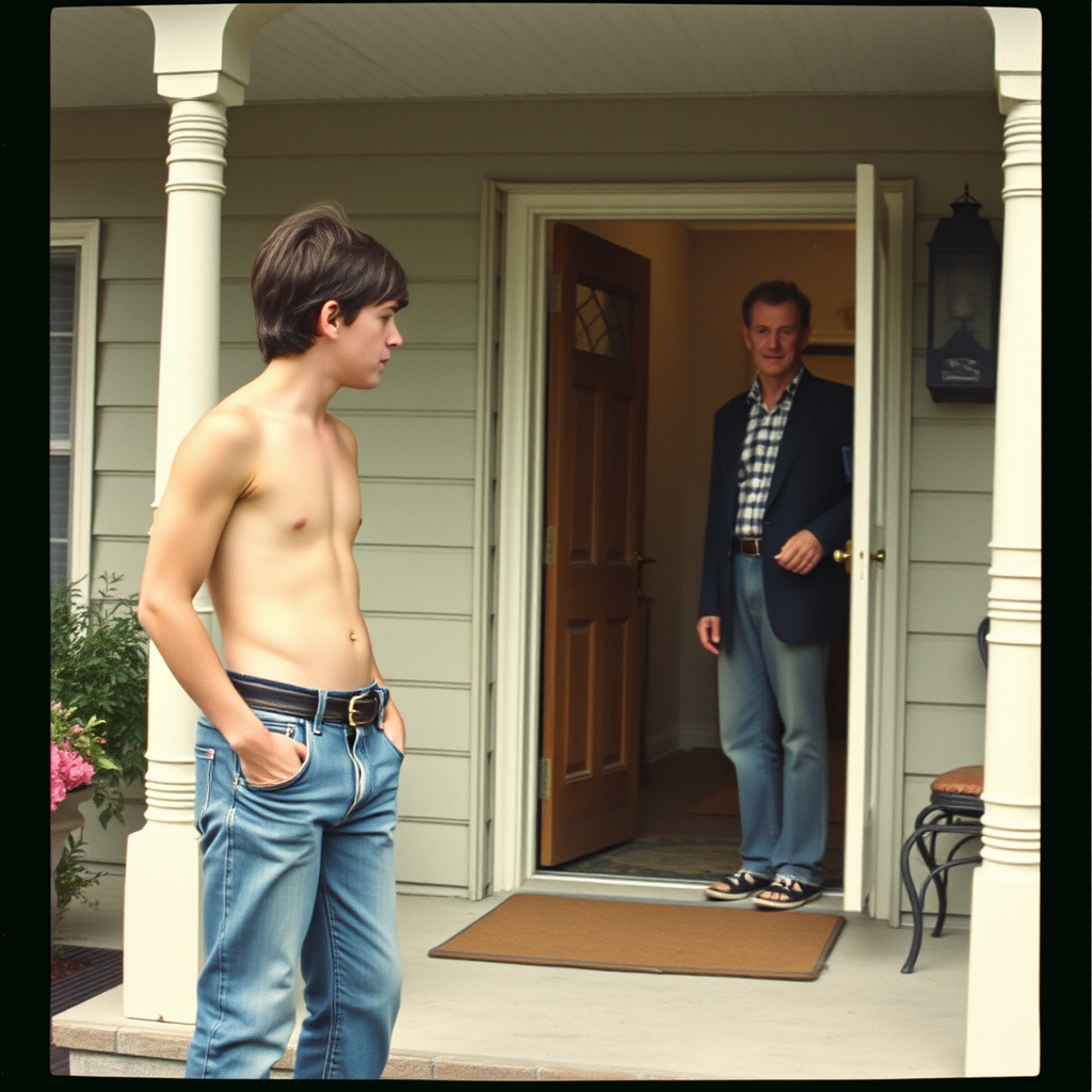 Teen and Old Man Chatting on 1970s Porch