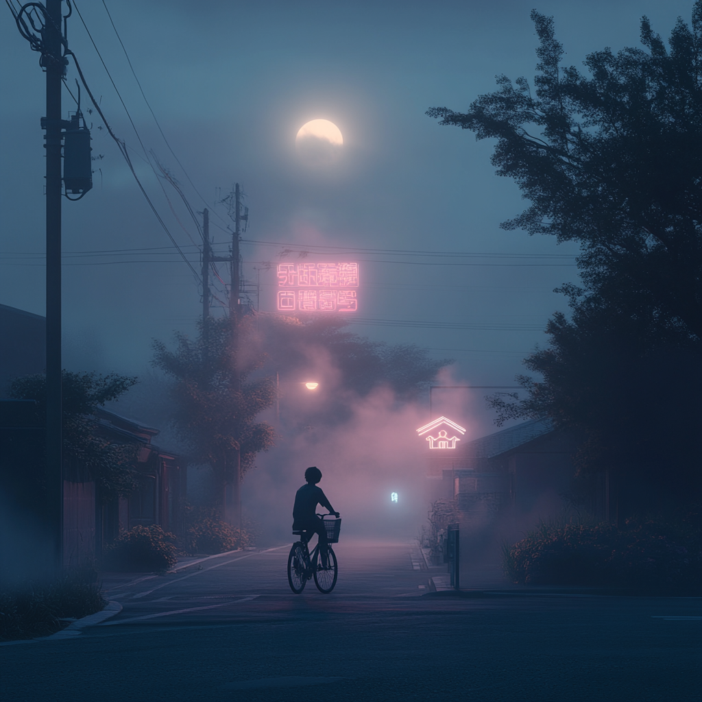 Teenage Boy Riding Bicycle on Quiet Moonlit Street