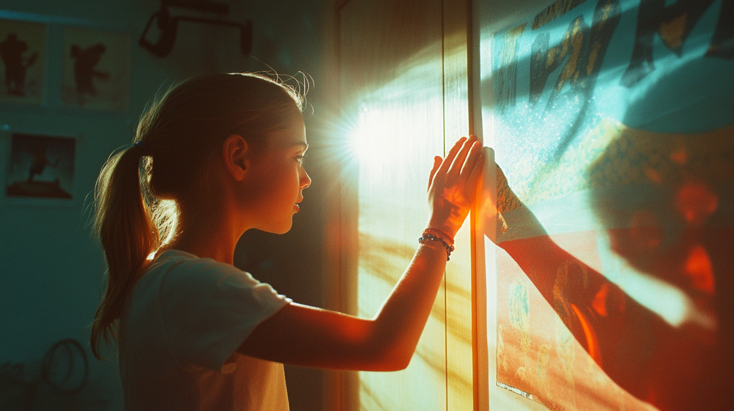 Teenage Gymnast Slaps Mamba Poster in Sunlit Room