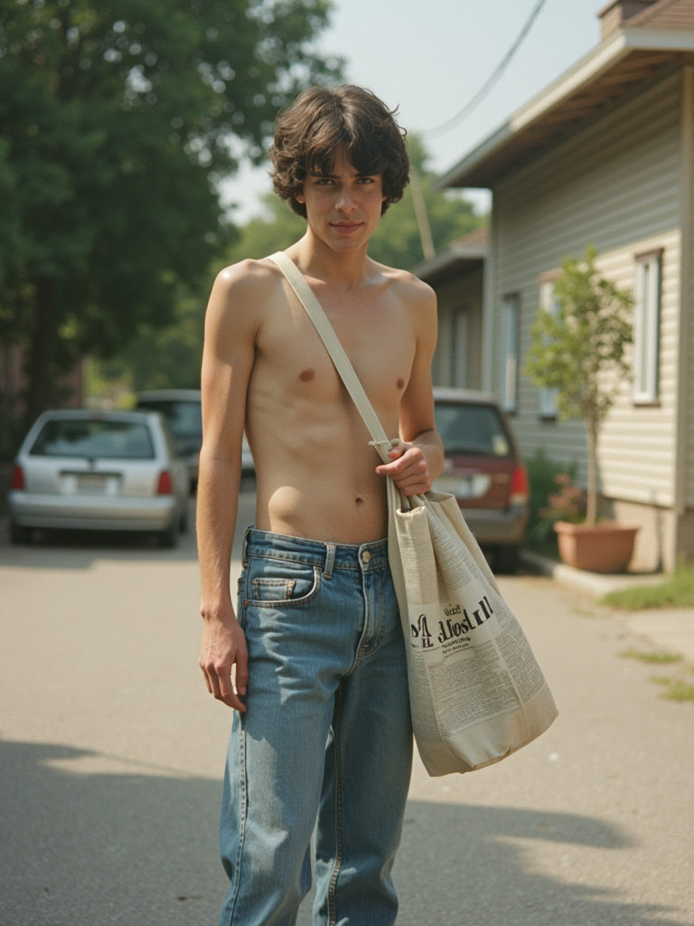 Teenage Paperboy in 1980s Summer Suburb