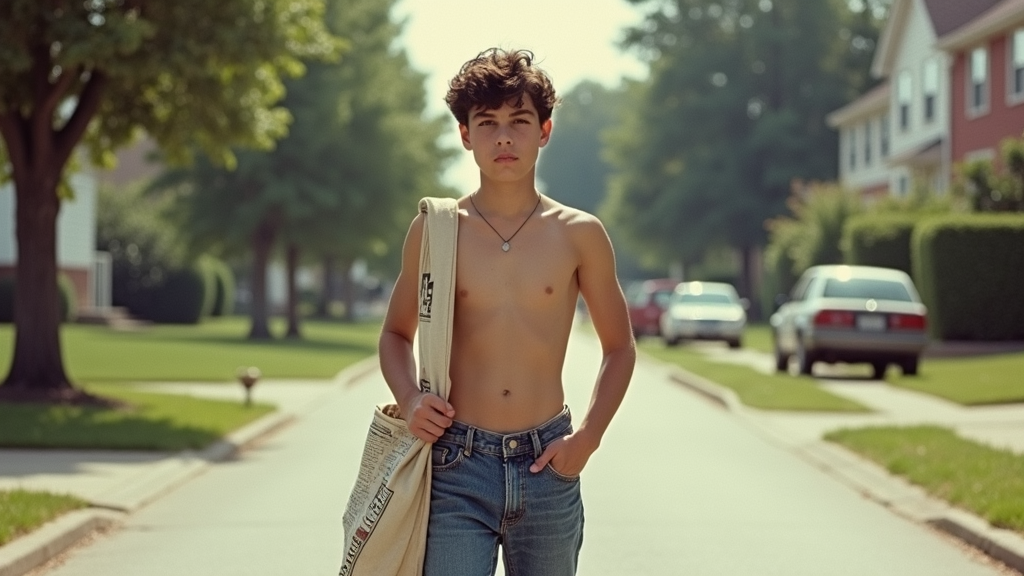 Teenage Paperboy in 1980s Summer Suburb Teenage Paperboy in 1980s Summer Suburb