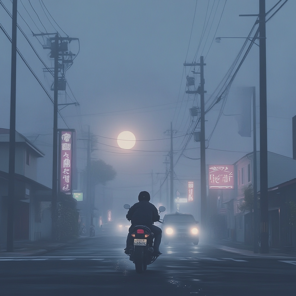 Teenage boy on big bike on moonlit Japanese street