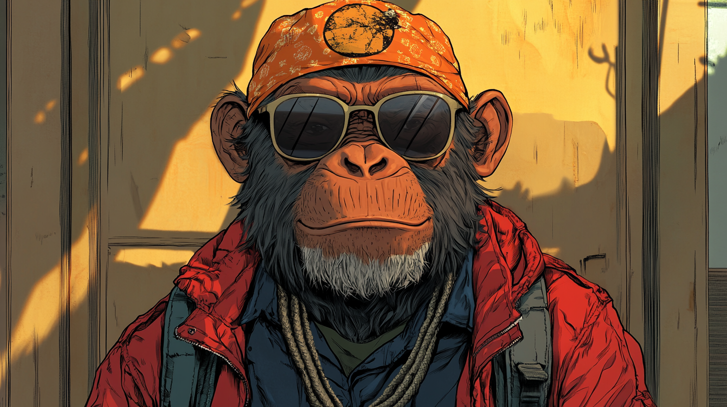 Teenage chimpanzee in hip hop style clothes smiling