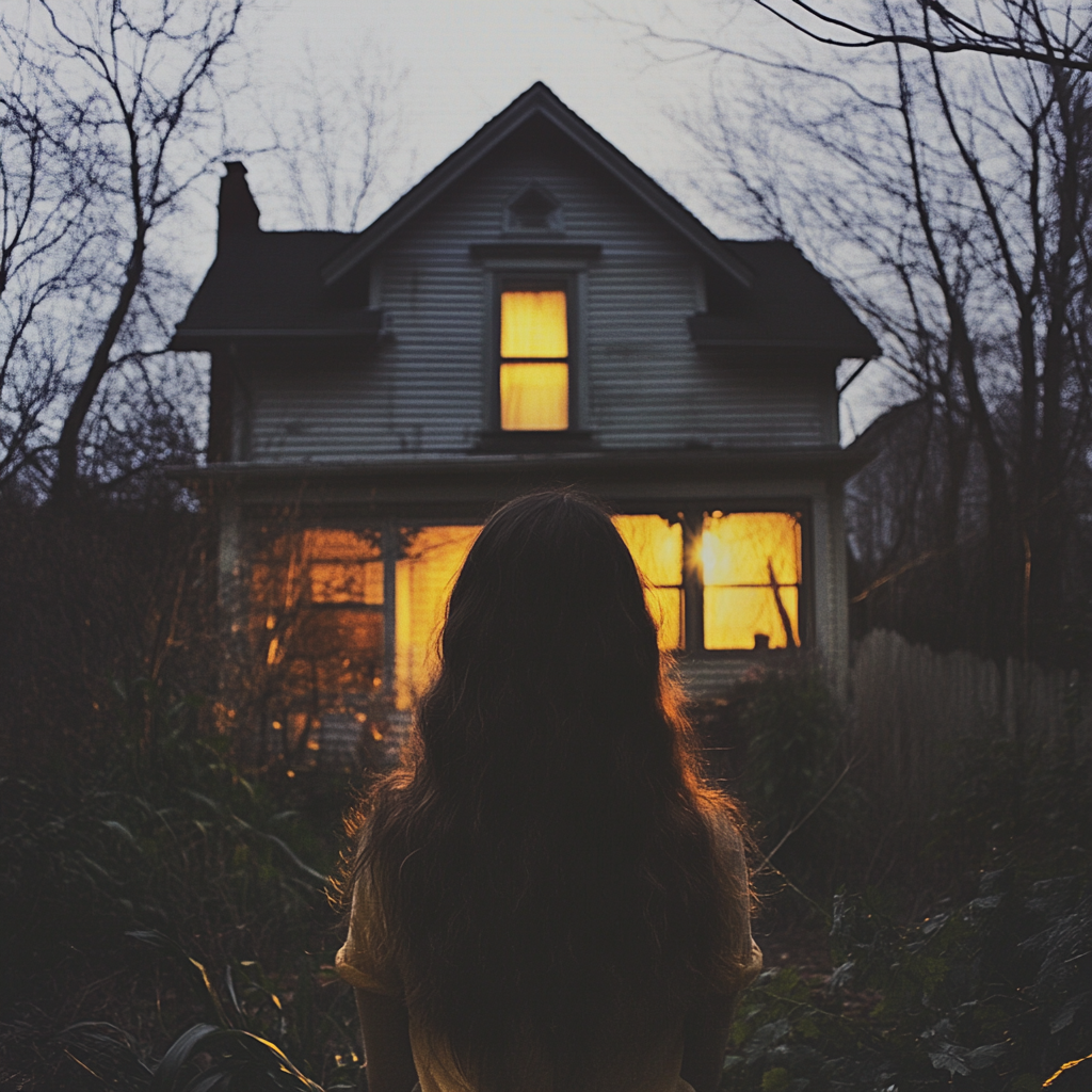 Teenage girl peers into window of spooky house