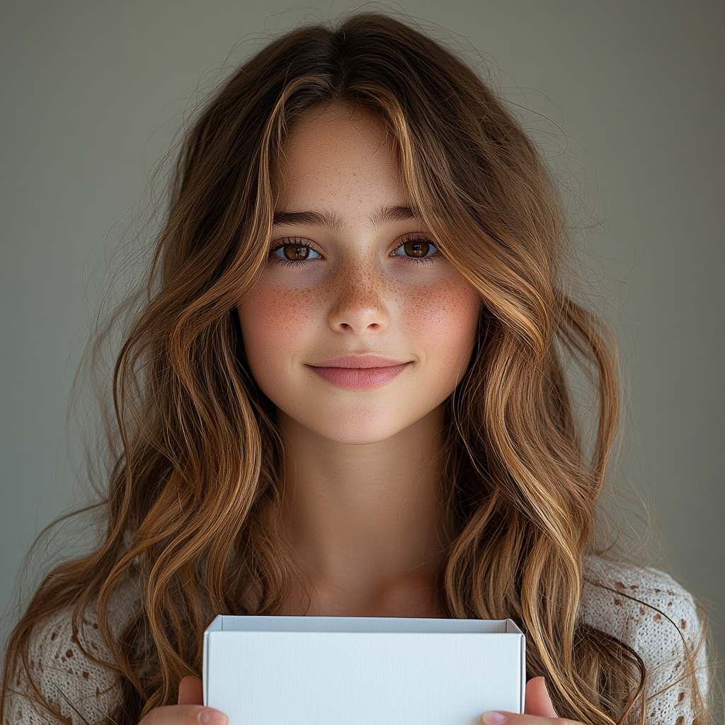 Teenage girl with brown hair holding white box