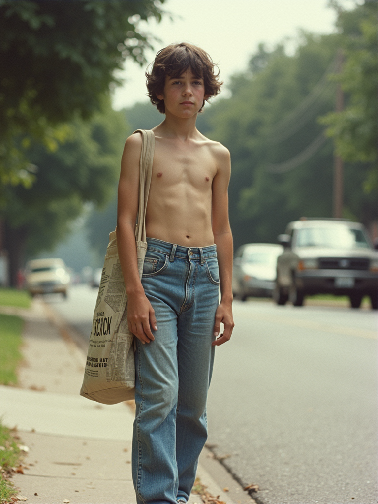 Teenager Delivering Newspapers in 1980s Suburb