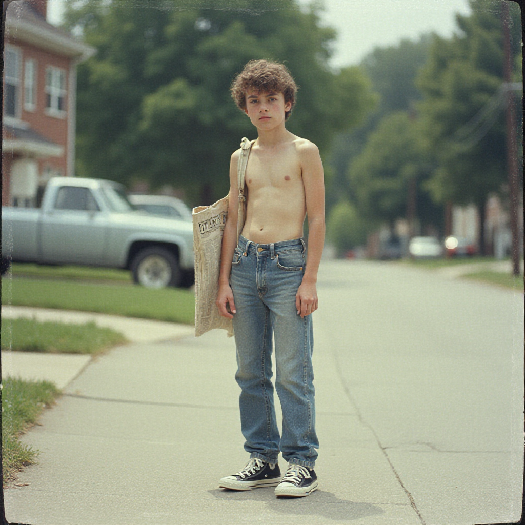 Teenager Delivering Newspapers in 1980s Suburb