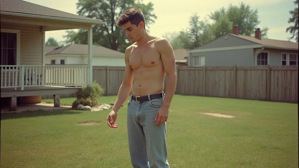 Teenager Doing Yard Work in 1980s Suburb Photo