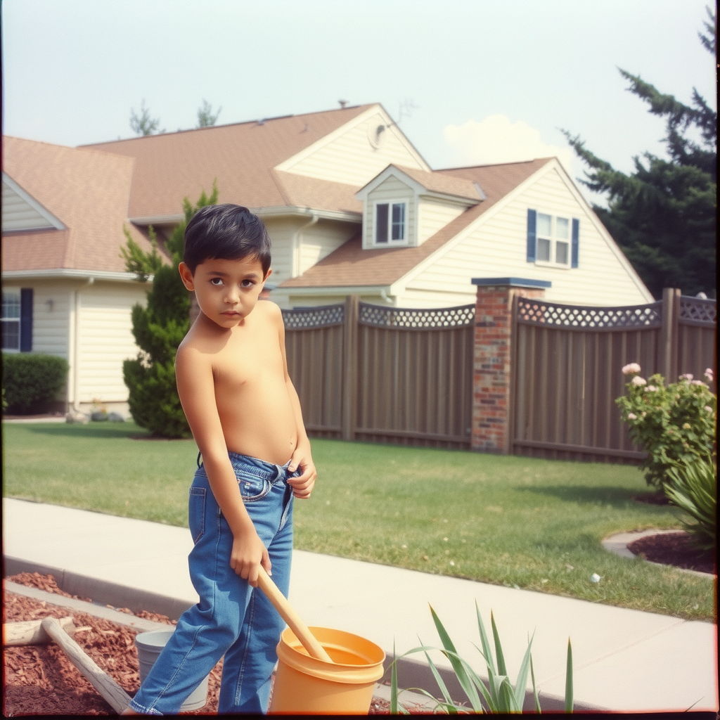 Teenager Doing Yard Work in 1980s Suburb