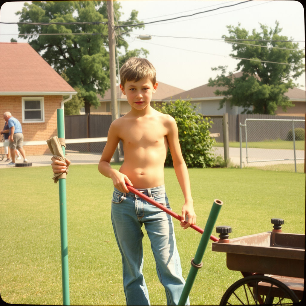 Teenager Doing Yard Work in 1980s Suburb