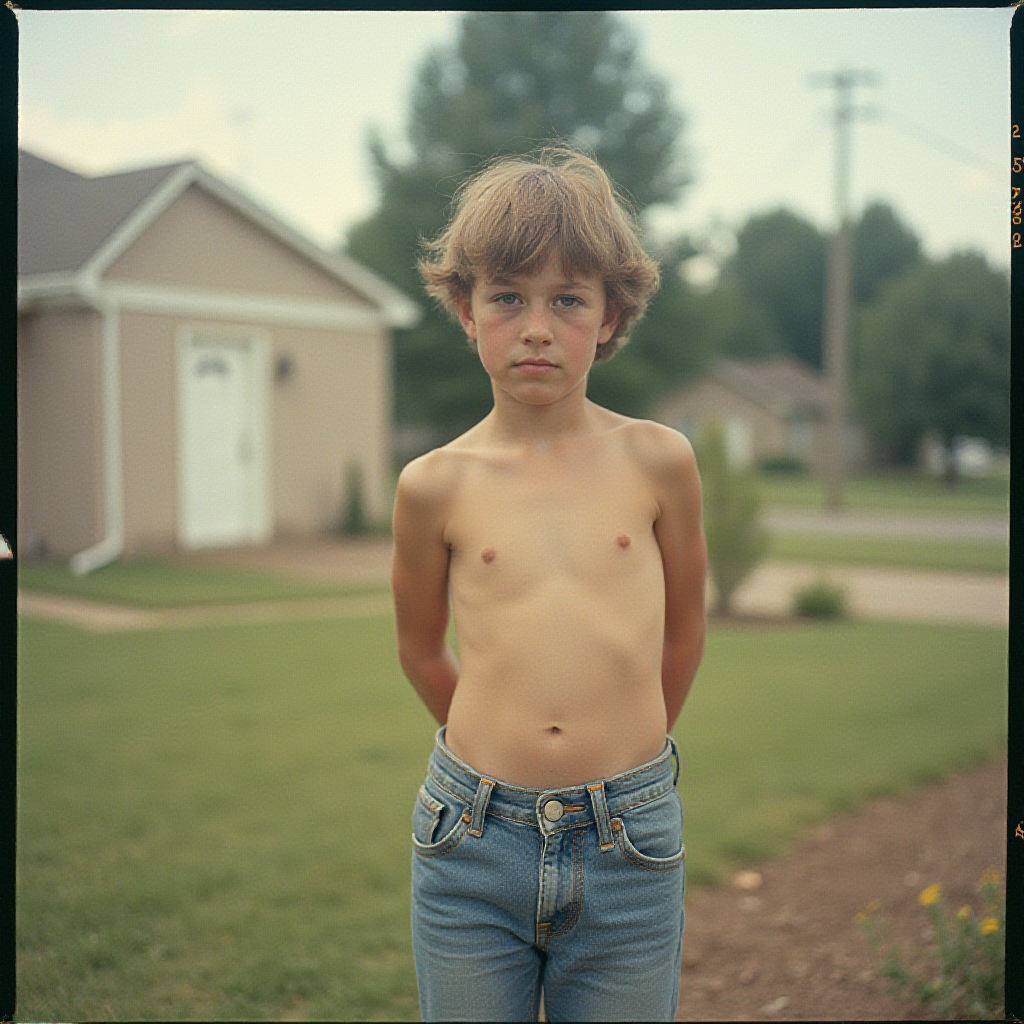 Teenager Doing Yard Work in 1980s Suburb